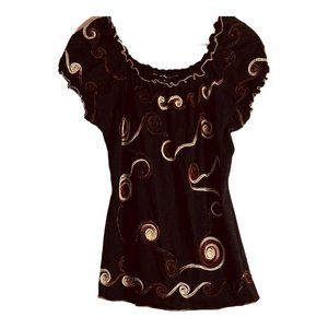 Once Again Peasant Embroidered Elastic Neck Top